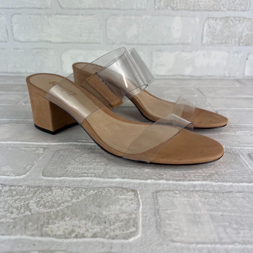 SCHUTZ Heels Victorie Womens 7.5 Nude Transparent 2‎ Strap Block Heel Sandals B